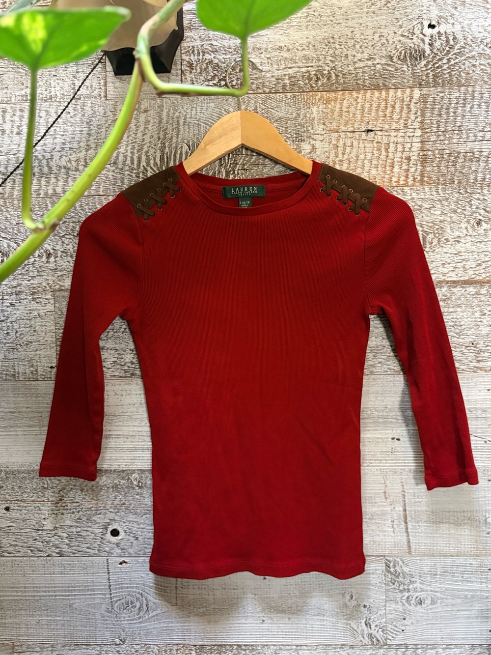 Lauren Ralph Lauren | 3/4-Sleeve Ribbed Faux Leather Shoulders Top - Women's XSP